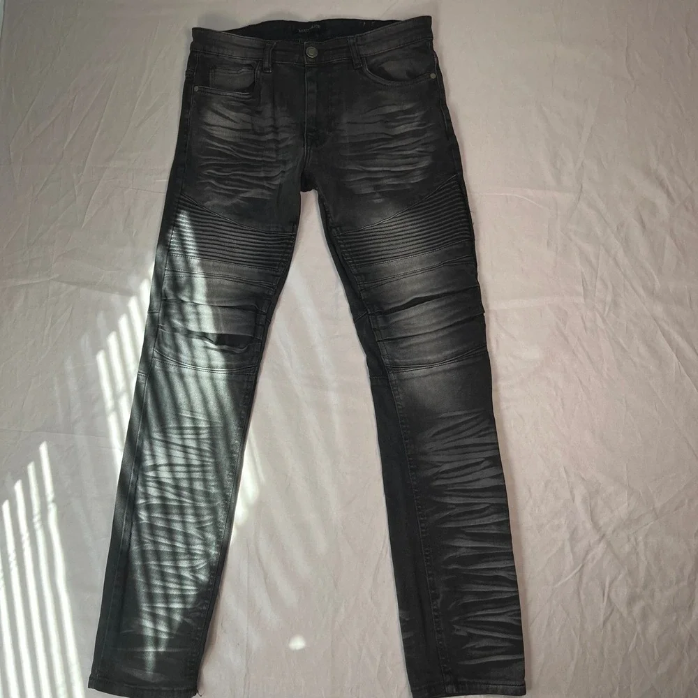 Mad Blue Mens Moto Biker Skinny Jeans Black Faded Ribbed Knee 32x33